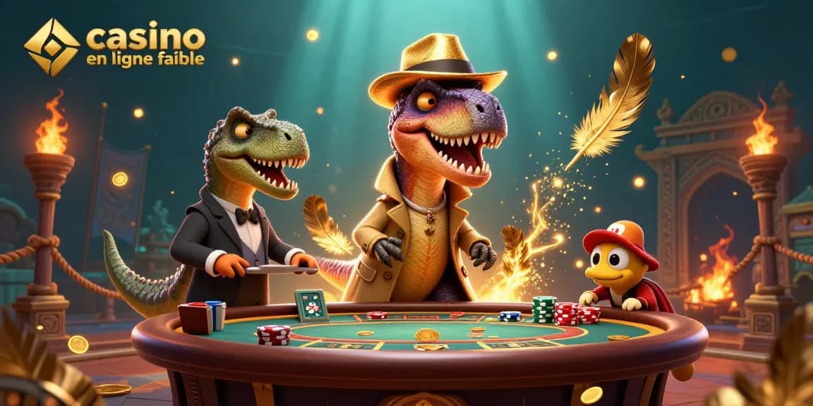 Profitez d'une illustration dynamique de casino en ligne fiable où un vélociraptor tente de compter les cartes tout en étant surveillé par un patron triceratops dans une ambiance de jeu exaltante.