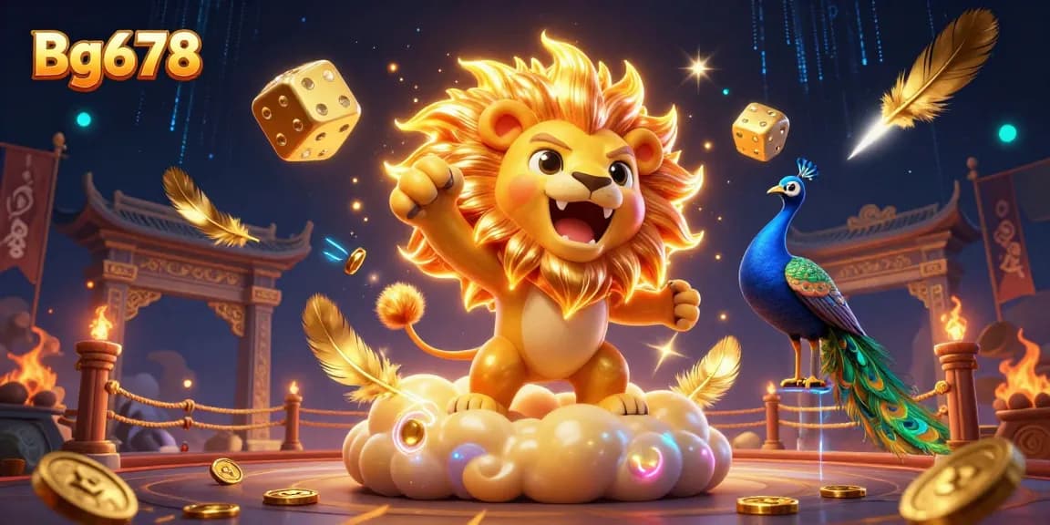 Bg678 showcases a thrilling casino-themed illustration with a roaring lion and golden dice.