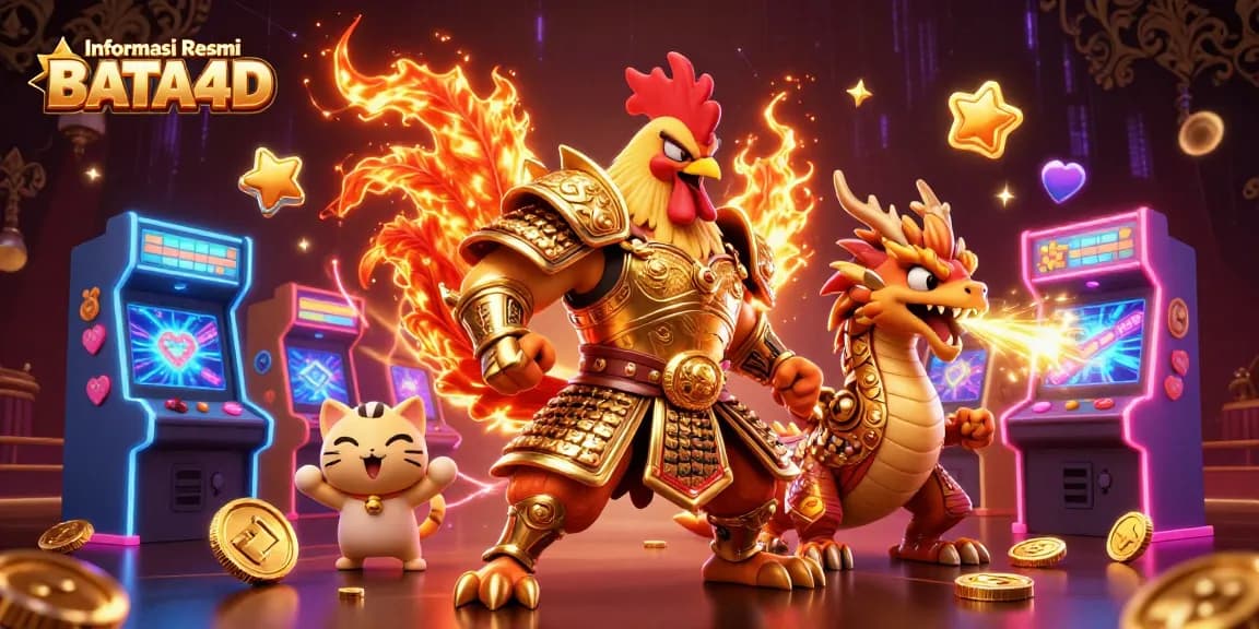 Play and win with Informasi Resmi BATA4D illustrated with dynamic characters and casino elements.
