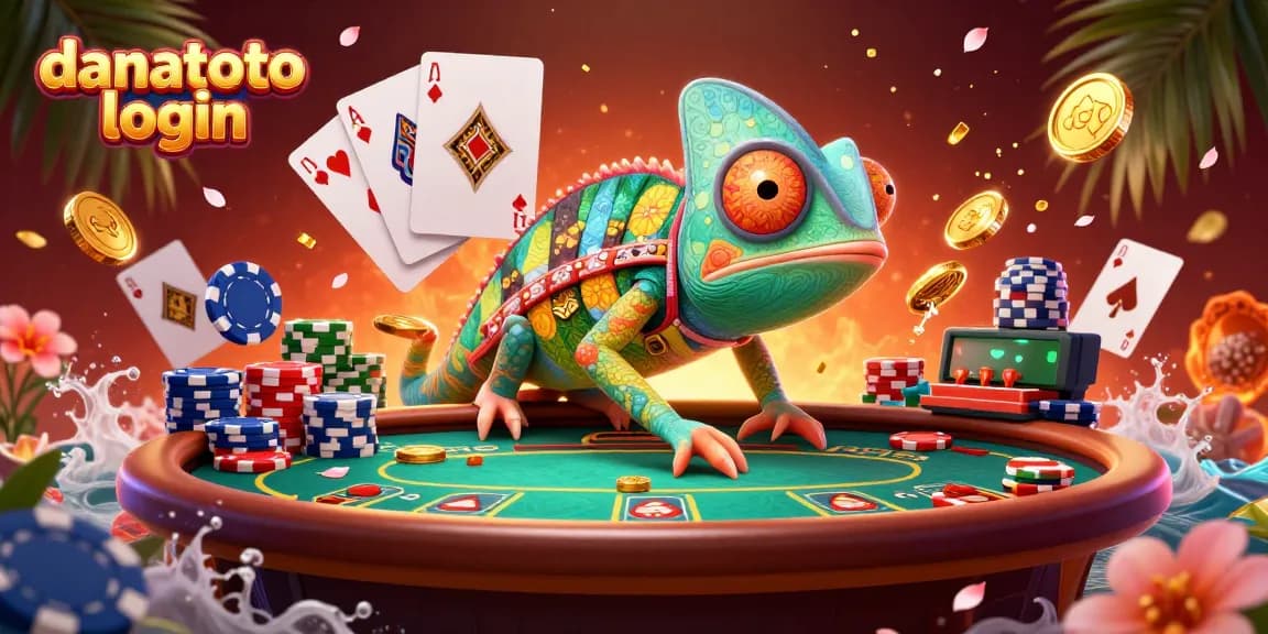 Experience the excitement of gaming with danatoto login at a vibrant poker scene, featuring a unique chameleon casino owner.