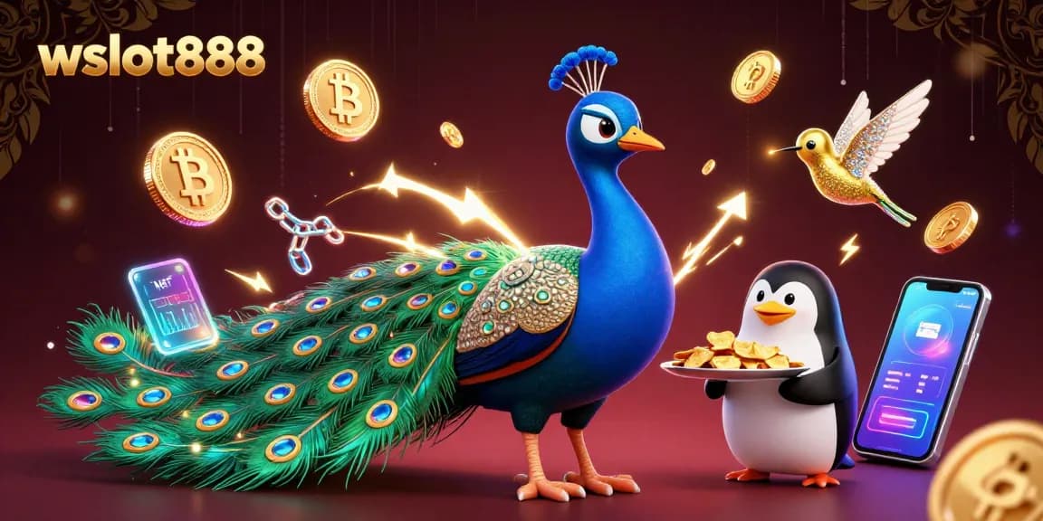 Memenangkan tiket parlay terbaik dengan wslot888 yang menampilkan simbol kasino, karakter menarik, dan elemen kripto.