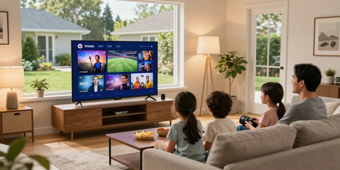 Famille profitant d'iptv dans un salon moderne, ambiance conviviale.