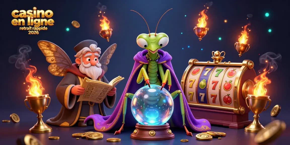 Les joueurs profitent d'un casino en ligne retrait rapide 2026 avec des symboles de jeu et des trophées brillants.