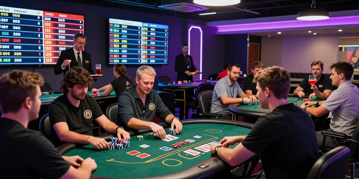 Suasana permainan tantegacor88 di ruang gaming dengan pemain aktif dan meja permainan.