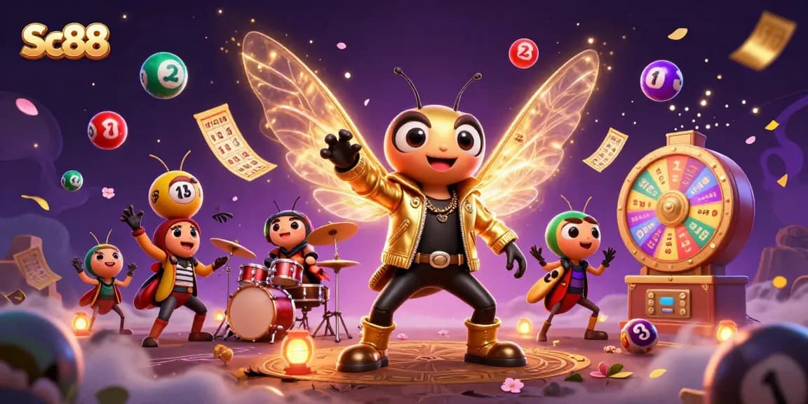 Experience gaming excitement at Sc88 with a vibrant scene featuring a rock star cicada and colorful lottery elements.