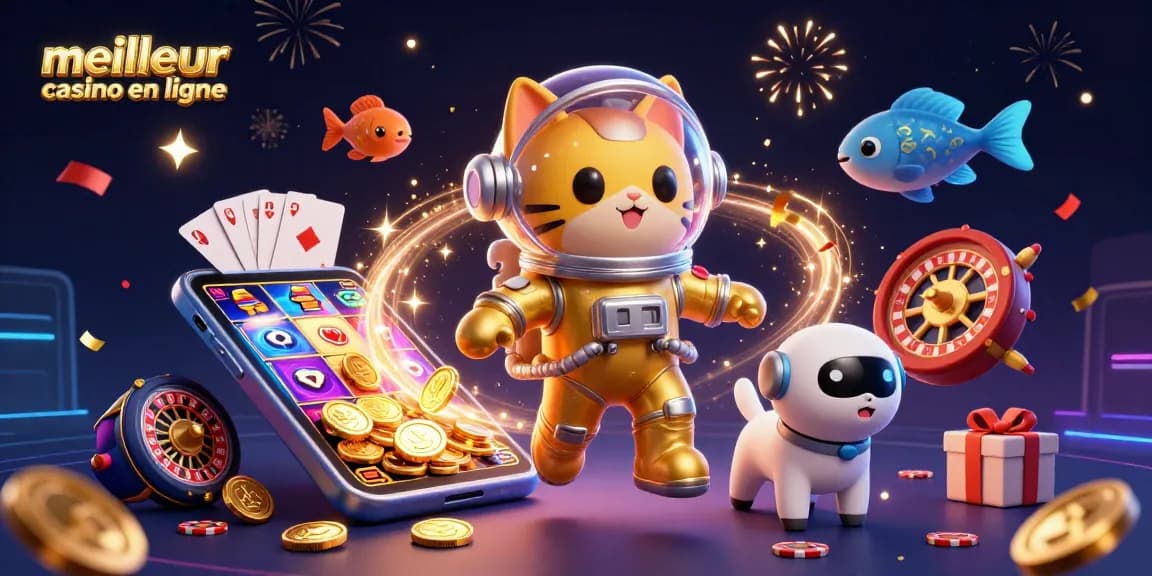 Jouer au meilleur casino en ligne avec un chat astronaute et un chien robot dans un univers ludique.