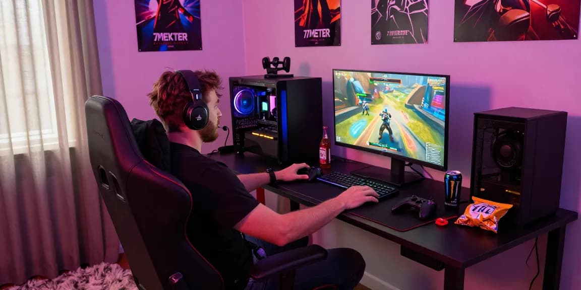 Gamer enjoying thrilling gameplay on 7meter with vibrant LED lighting