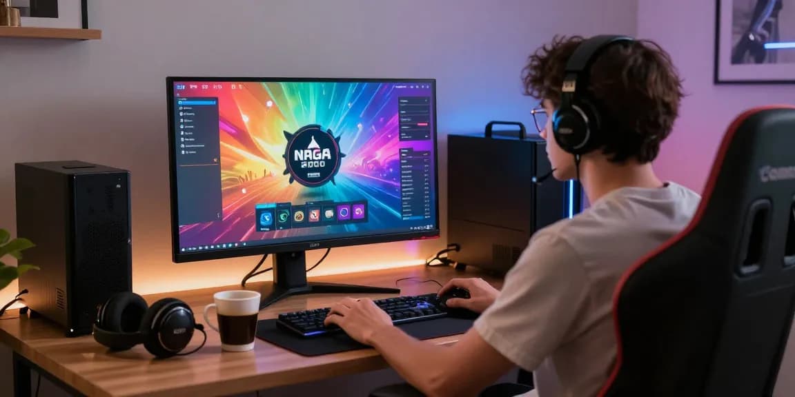 NAGA2000 online gaming platform in action with a player enjoying a vibrant gaming interface in a modern setup.