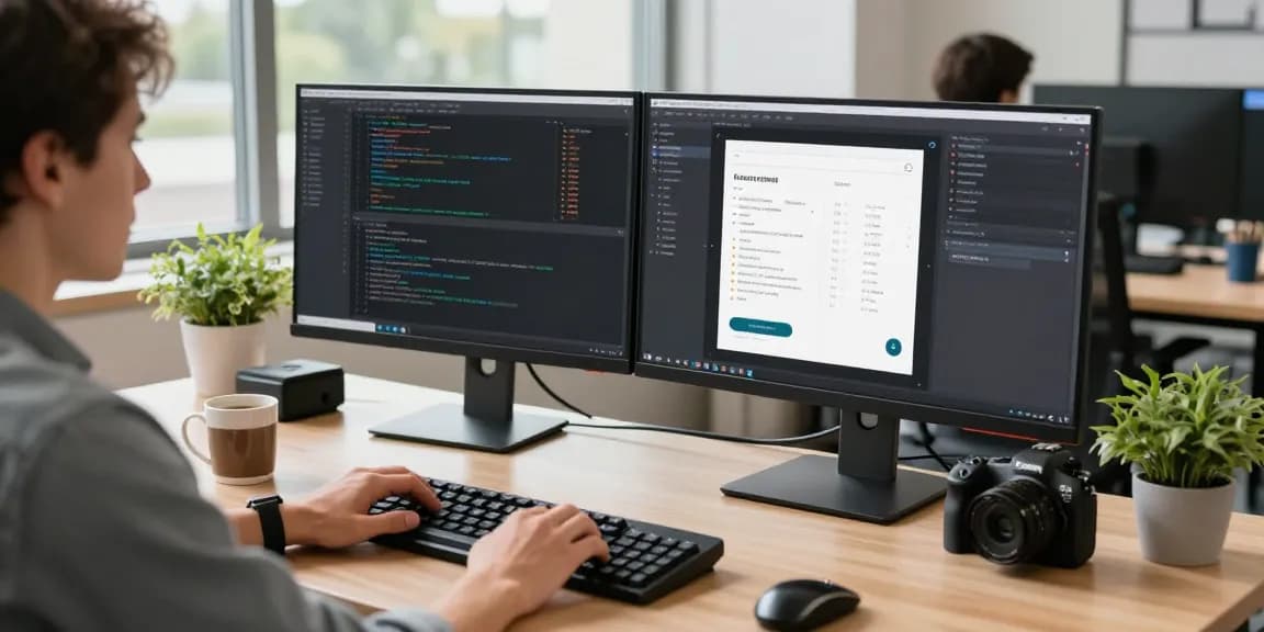 Interactive coding session at teiegramin.com with dual monitors and tech gadgets.