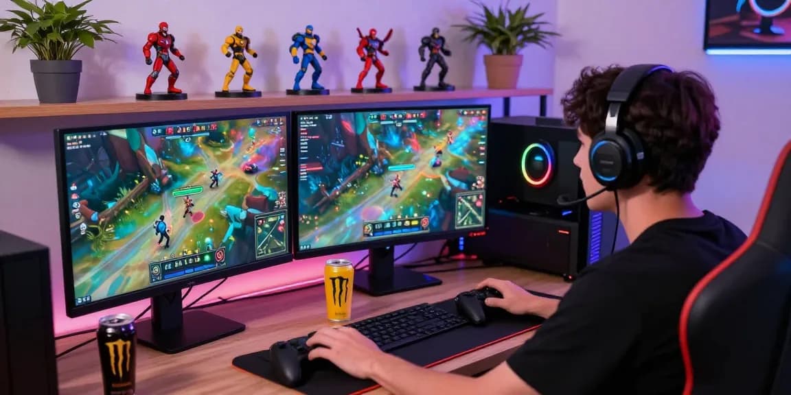 Gamer terjun4d bermain game online dengan antusias di ruang gaming modern.
