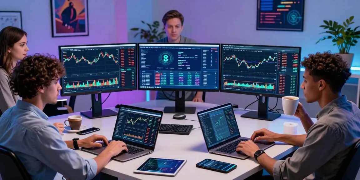Professionals analyzing cryptocurrency trends on the OKX exchange, showcasing collaboration in a modern trading environment.
