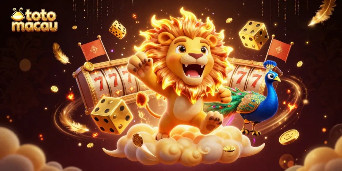Experience thrilling wins at toto macau with a vibrant illustration of a 3D lion and golden casino elements.
