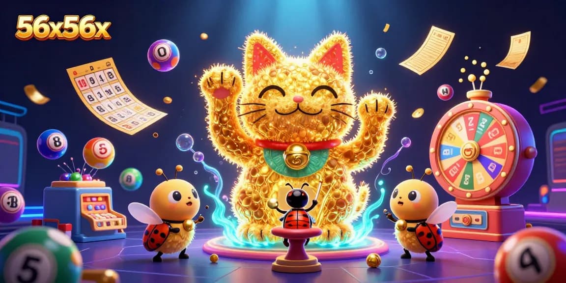 Engage in thrilling lottery games with 56x56x, where golden fireflies form a lucky cat amidst vibrant symbols.