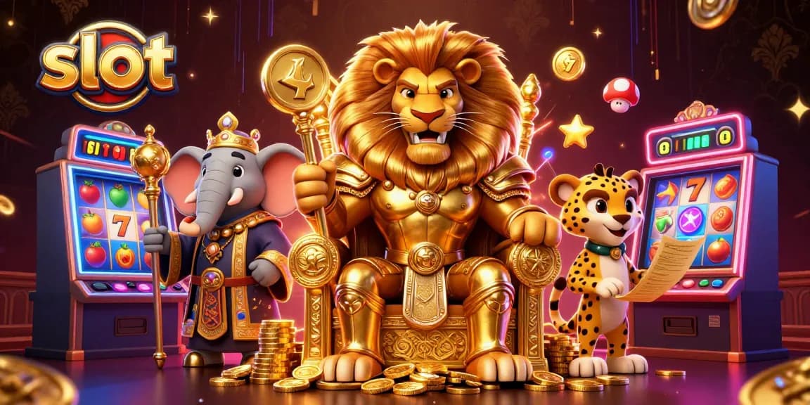 Slot yang menarik dengan simbol buah dan jackpot dikelilingi singa raja, gajah penasihat, dan cheetah pembawa gulungan.