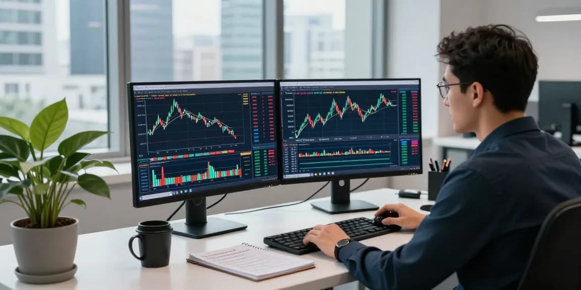 Forex trader utilizing mt5 platform for real-time analysis and trading in a modern office setting.