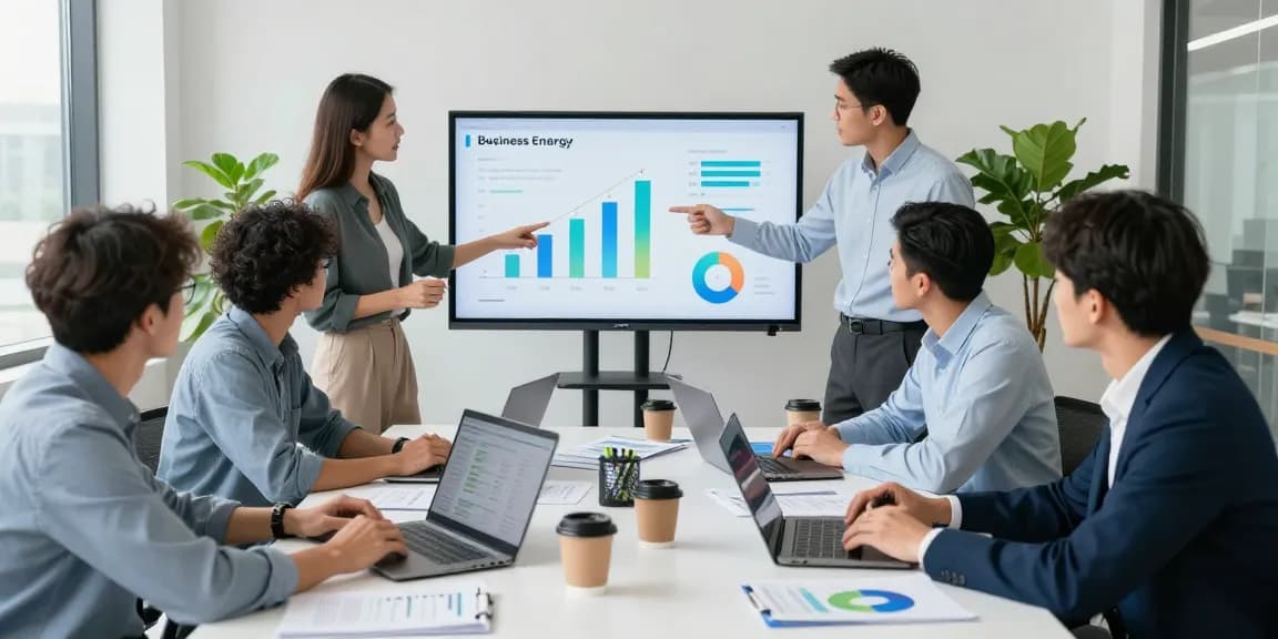 Business energy comparison UK session with professionals discussing energy savings strategies in a modern office.