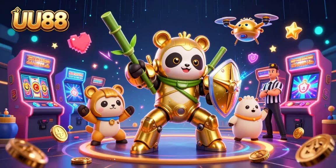 Engage with thrilling games at UU88, showcasing a golden panda winning big in an exciting casino scene.