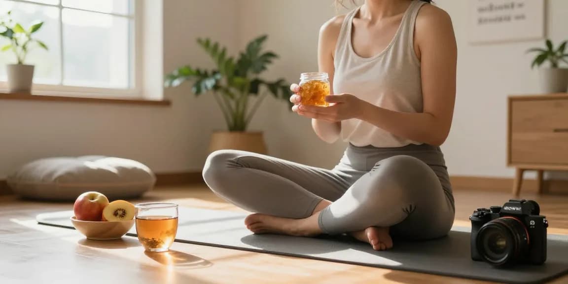 Calm morning scene featuring pure shilajit resin for wellness, with fresh fruits and herbal teas.
