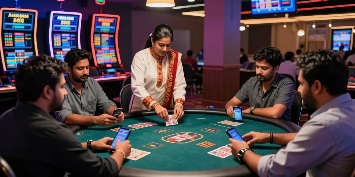 Live Andar Bahar gameplay with real dealers and modern technology in a vibrant casino setting.