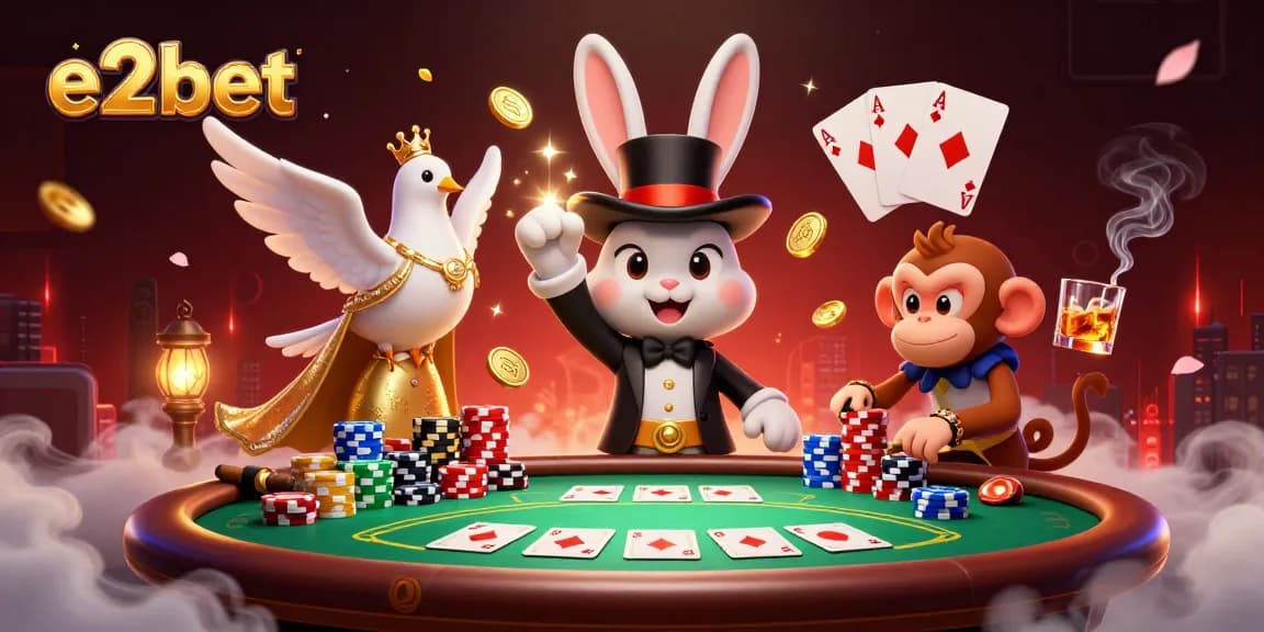 Engage in thrilling card games depicted in a vibrant e2bet scene with a magician rabbit and lively characters.
