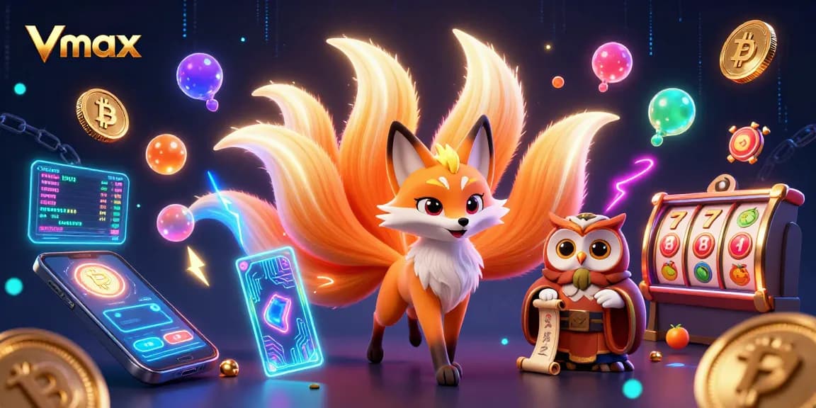 Experience big wins with Vmax in this vibrant online casino illustration featuring colorful characters.
