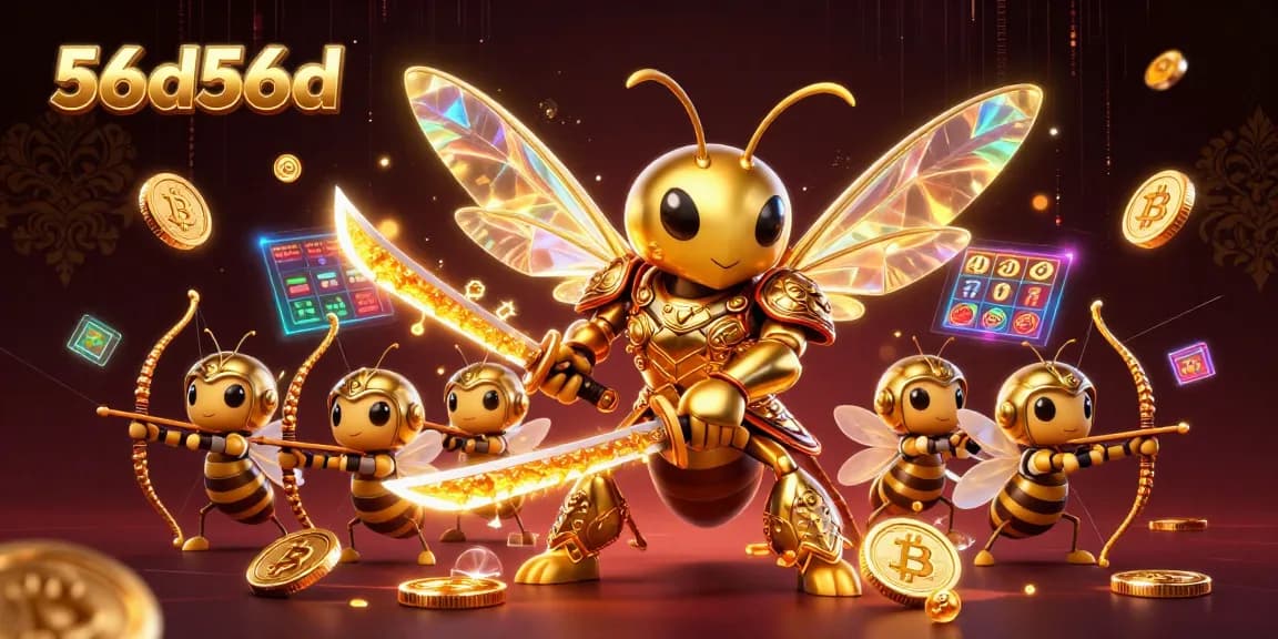 Ilustração animada 3D de um gigante vespão dourado em armadura de samurai e elementos de cassino 56d56d, como rolos de caça-níqueis.