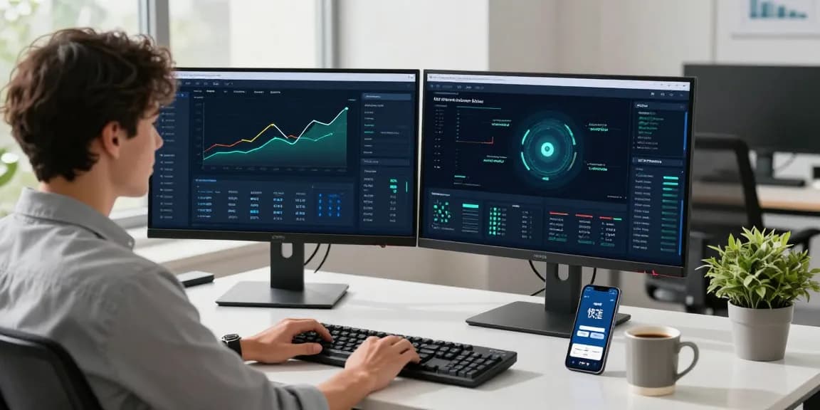 快连 VPN interface and user experience in a modern tech workspace with multiple monitors and coffee.