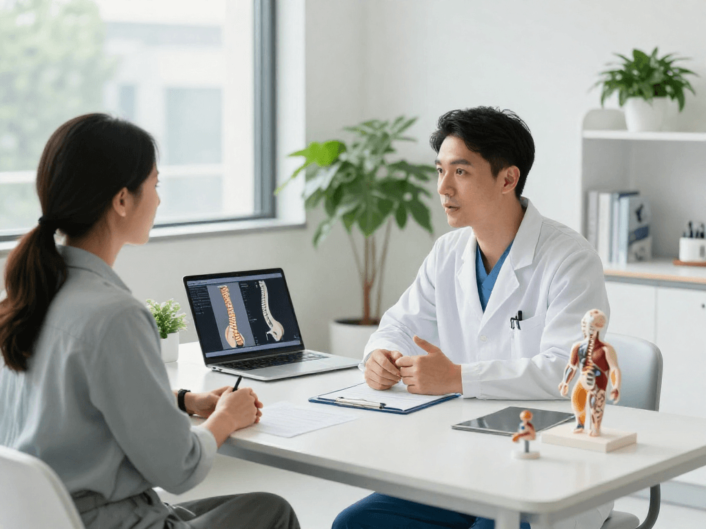 Consultation about bel fıtığı ameliyatı in a modern clinic, showcasing a patient and surgeon.