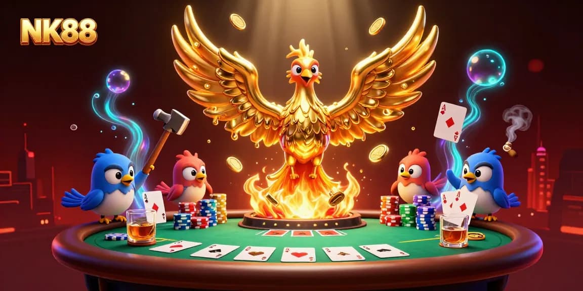 Experience vibrant casino thrill with NK88's golden phoenix and poker table action.