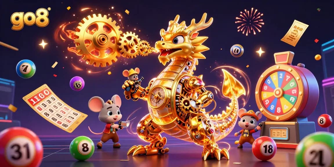 Win big at go8 with a dazzling 3D casino scene featuring a golden dragon and vibrant lottery elements.