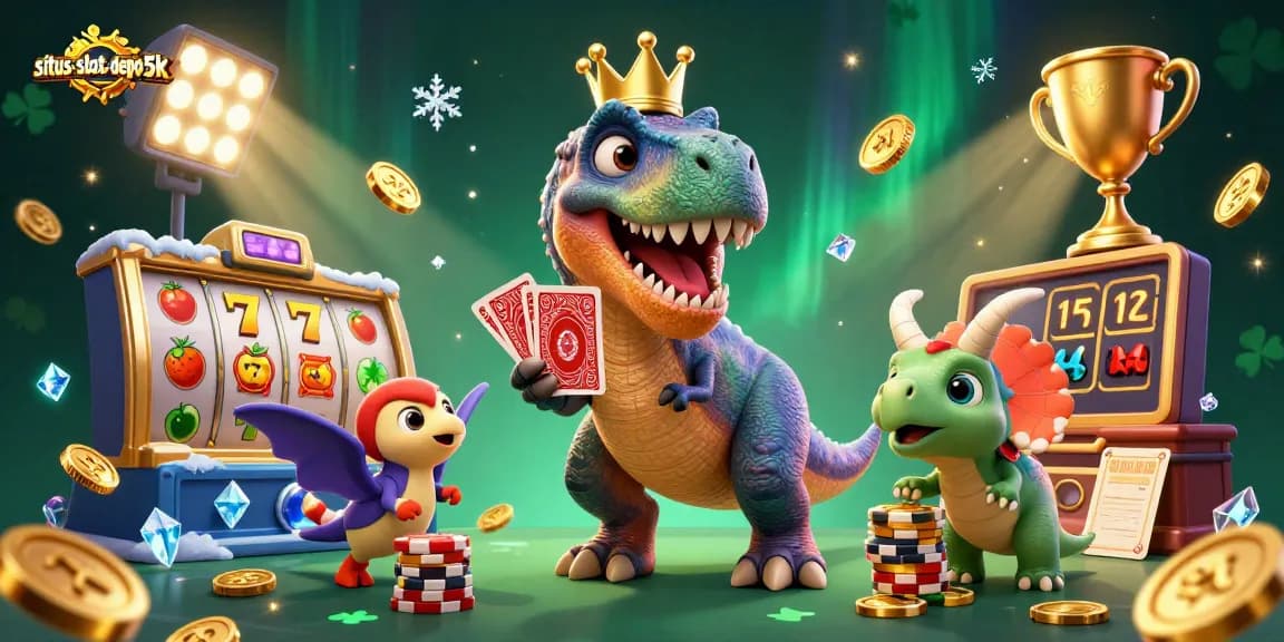 Engage with situs-slot-depo5k's vibrant 3D illustration featuring a charming T-Rex and friends around slot reels.