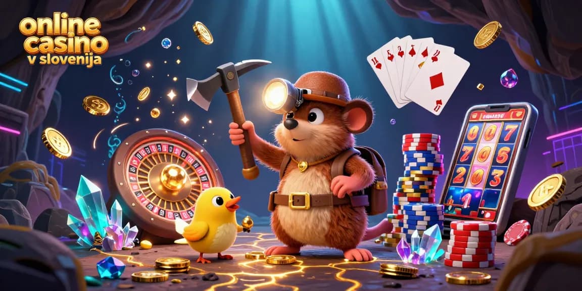 Živahna ilustracija, ki prikazuje online casino v Sloveniji, z grafičnimi elementi iger na srečo.