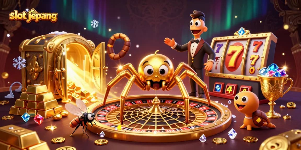 Engage in slot jepang gaming fun with a golden spider web roulette scene, full of treasures.