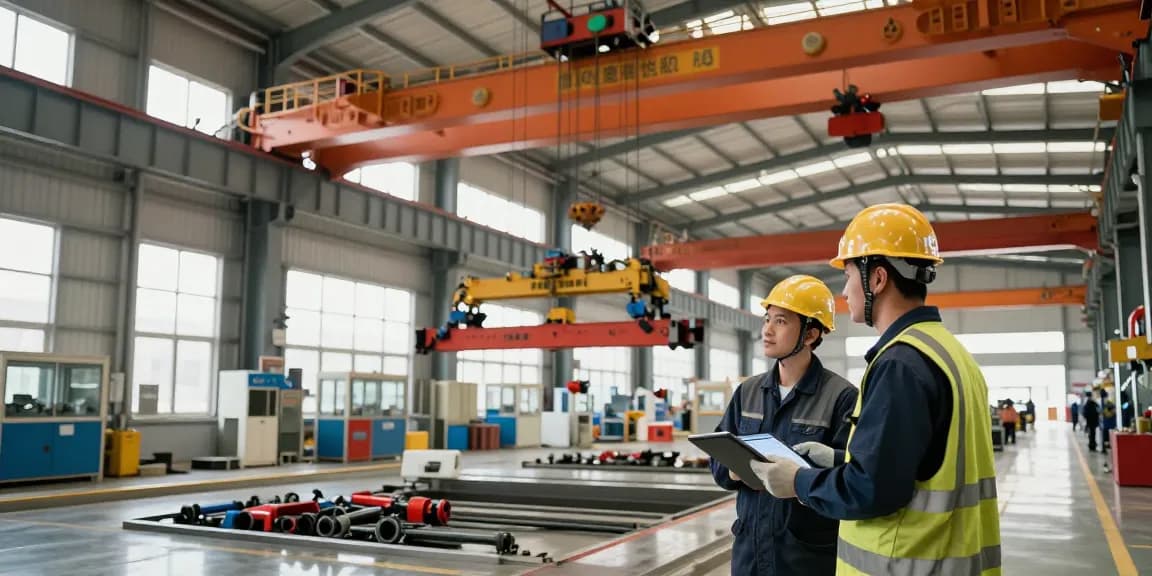 Overhead crane manufacturer inspecting safety standards and quality control in industrial facility.