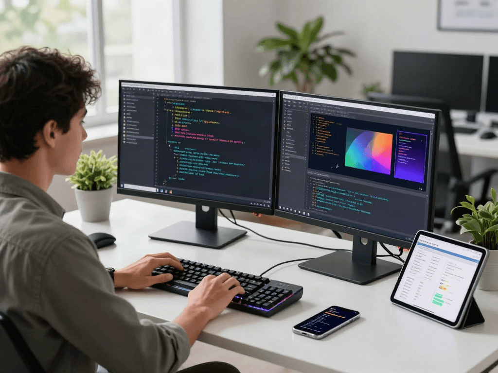 Dynamic tech workspace featuring a developer coding on dual monitors with vibrant interfaces, showcasing pikashow software in action.