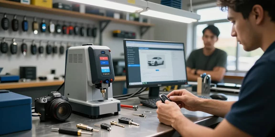 Car Key Replacement Sydney expert locksmith creating new keys with precision tools in a well-equipped workshop.