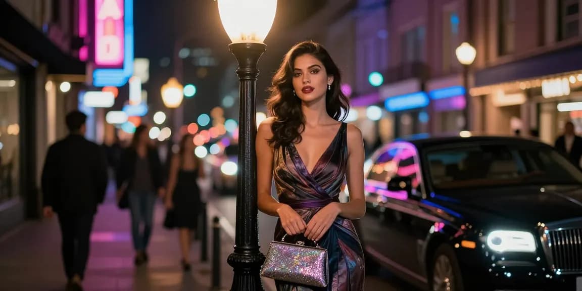 Gái gọi đêm thành phố, nổi bật với đầm dạ hội và ánh đèn neon, tạo nên không khí quyến rũ.
