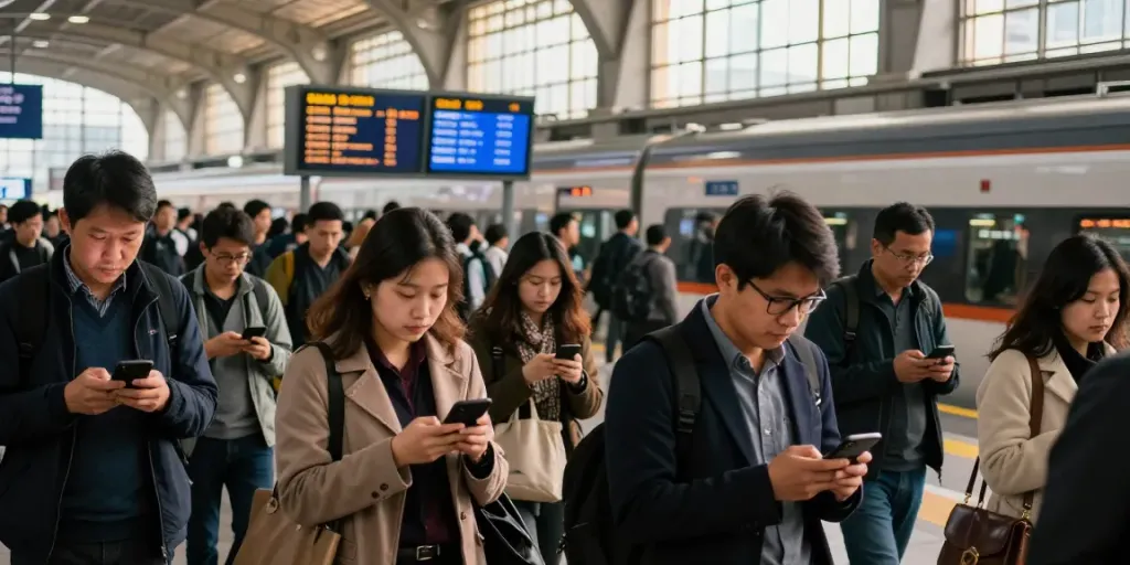 Commuters at a busy train station looking up transport delays on smartphones during rush hour.
