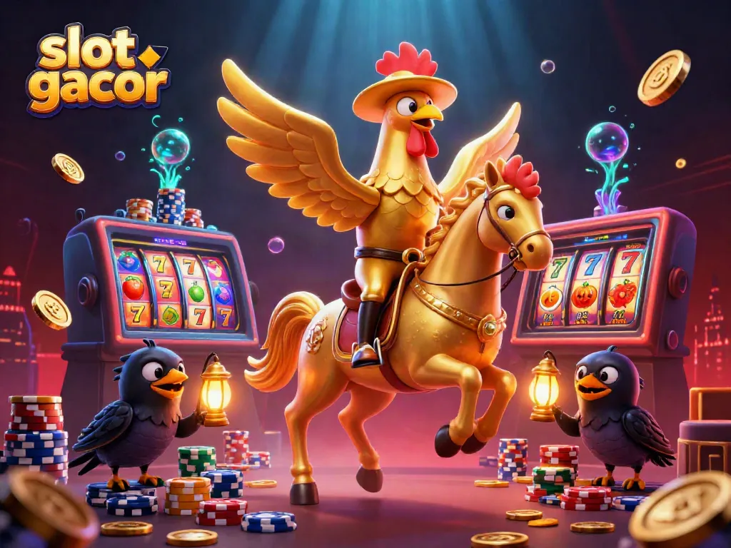 Experience excitement with a vibrant slot gacor scene featuring a golden rooster and stunning slot machines.