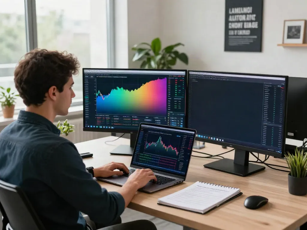 Trader analyzing financial markets with MetaTrader 5 interface in modern office