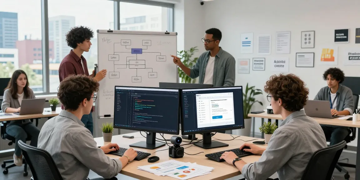 Developers collaborating on an innovative age verification system in a modern tech workspace.