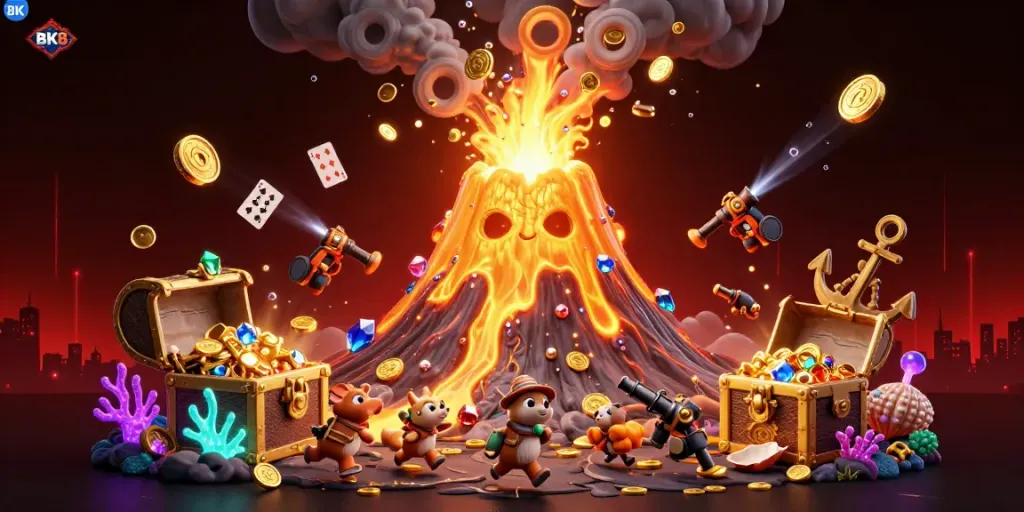 Experience BK8’s vibrant casino adventure with a golden volcano and treasure-filled underwater scene.