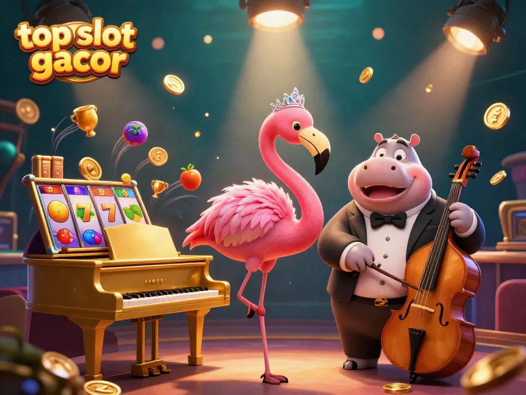 Permainan slot gacor yang menarik dengan flamingo menyanyi dan hippo bassist, memancarkan semangat kasino.