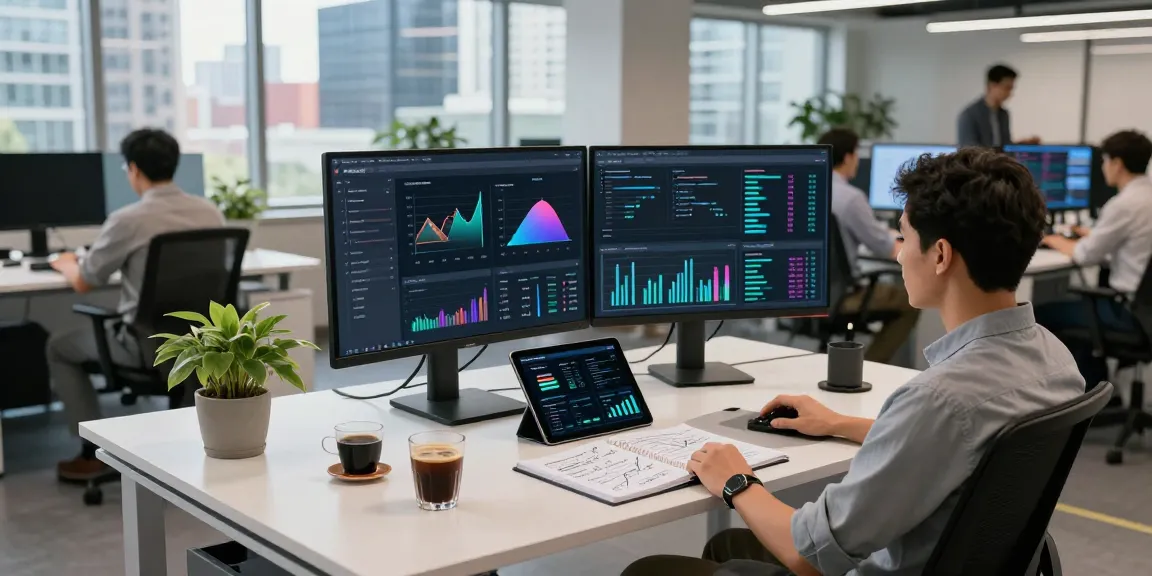 Kinetiq data scientist analyzing media exposure metrics in a modern analytics office environment.