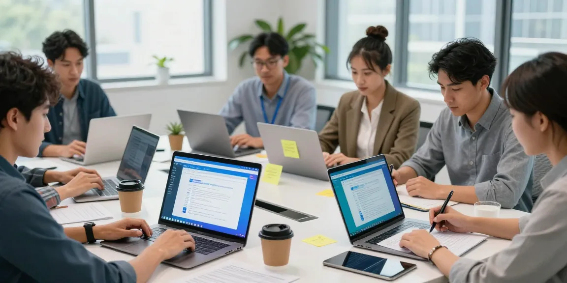 Team collaborating on WPS下载 in a vibrant office environment, showcasing digital editing and productivity tools.