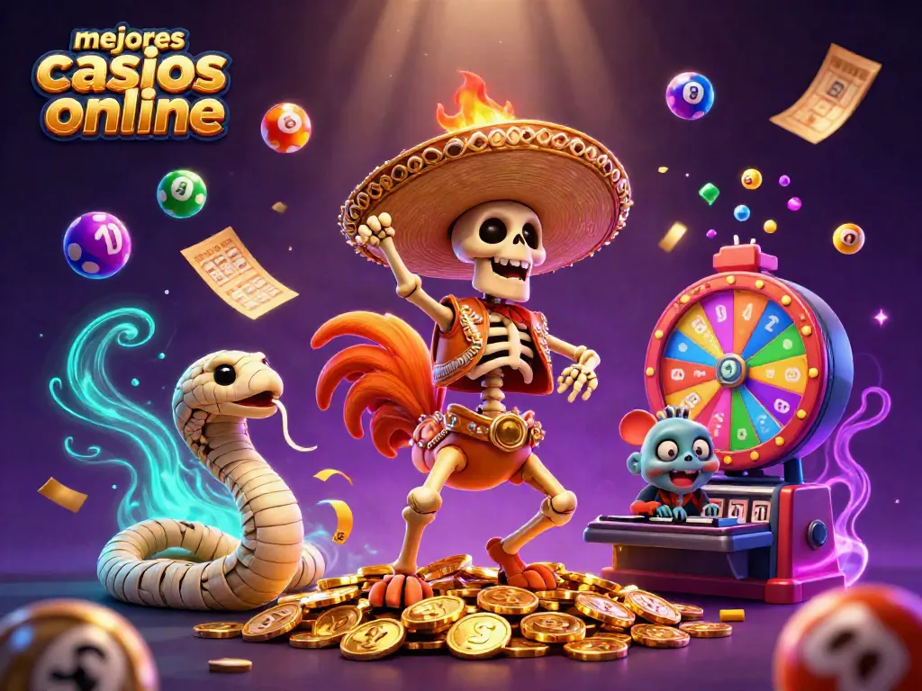 Disfruta de los mejores casinos online con un divertido esqueleto mariachis en medio de monedas doradas.