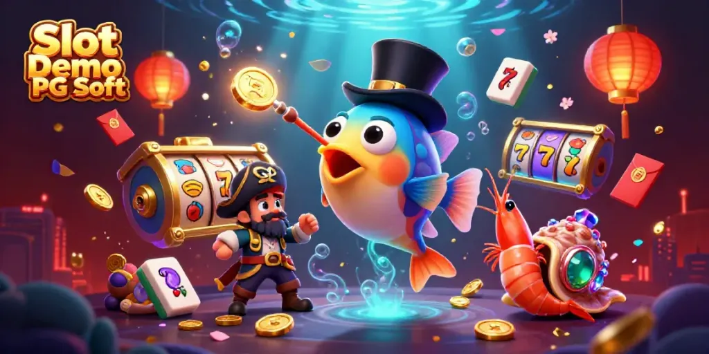 Play Slot Demo PG Soft with vibrant casino-themed characters attracting coins and excitement in a dynamic 3D illustration.