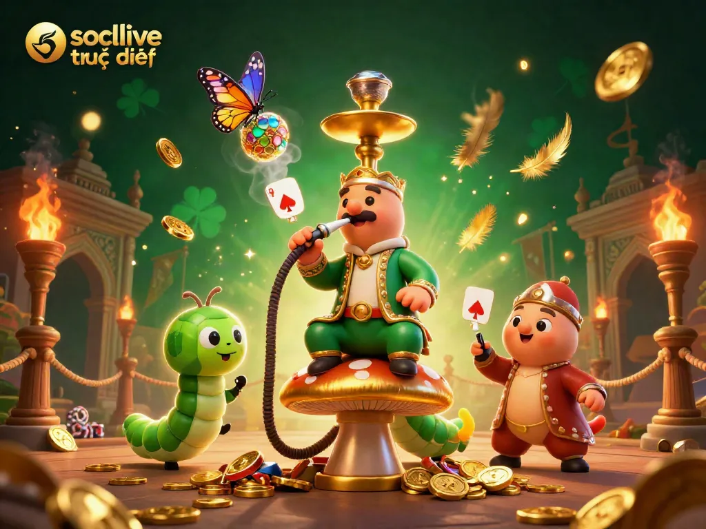 Socolive trực tiếp shows an engaging 3D scene with a caterpillar master and gambling symbols.
