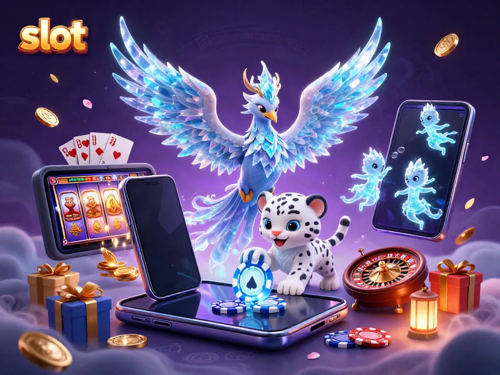 Experience thrilling slot games with an enchanting scene featuring ice-themed characters and casino elements.