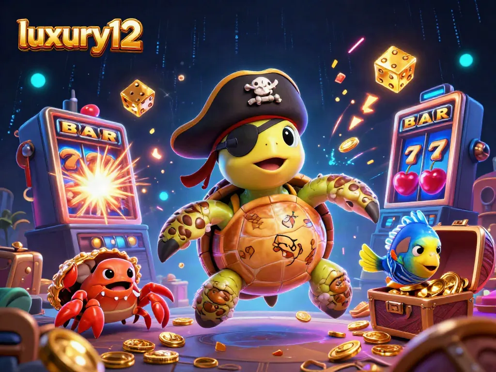 Play luxury12 slots with fun pirate characters and vibrant casino elements in a thrilling illustration.